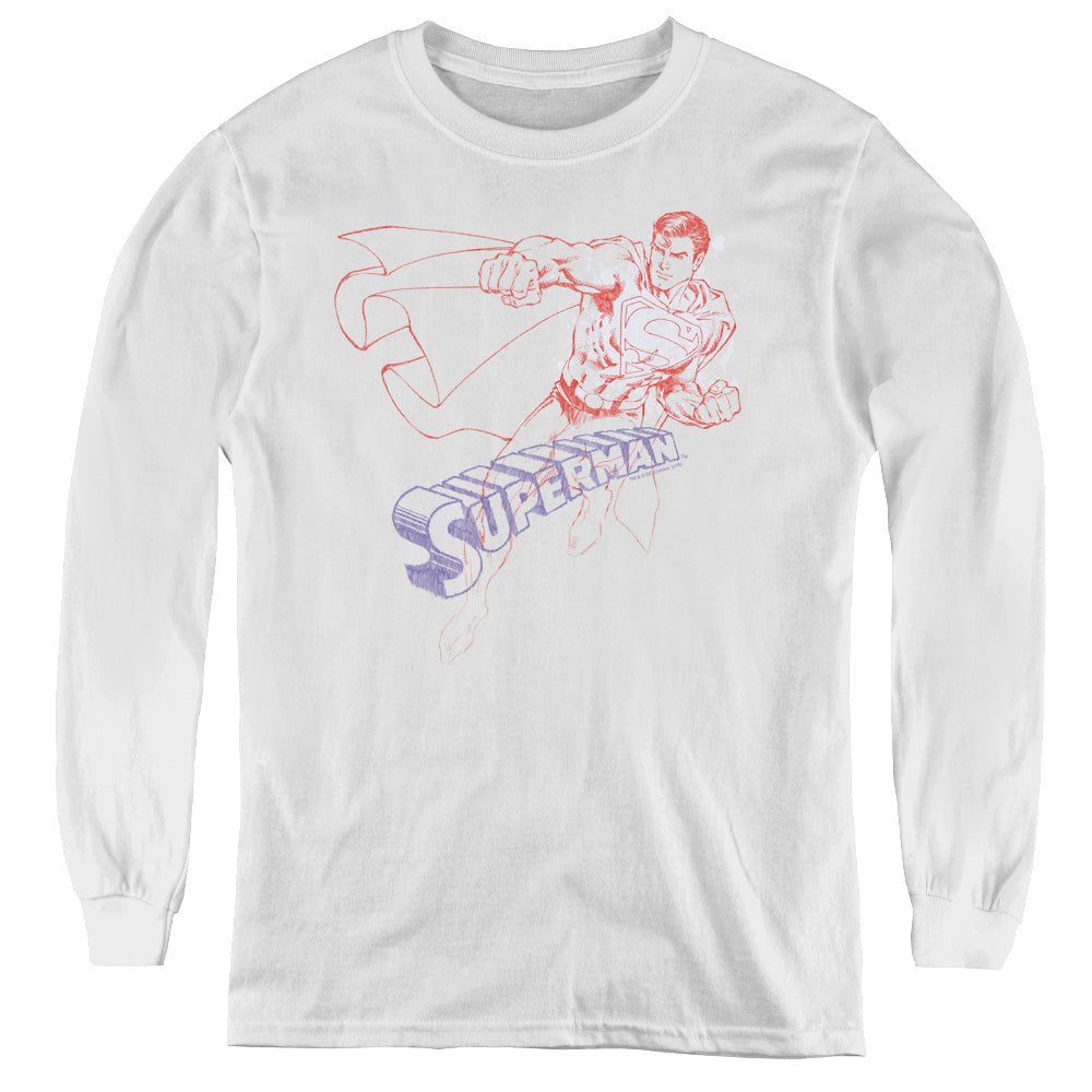 Superman Sketch Long Sleeve Kids Youth T Shirt White