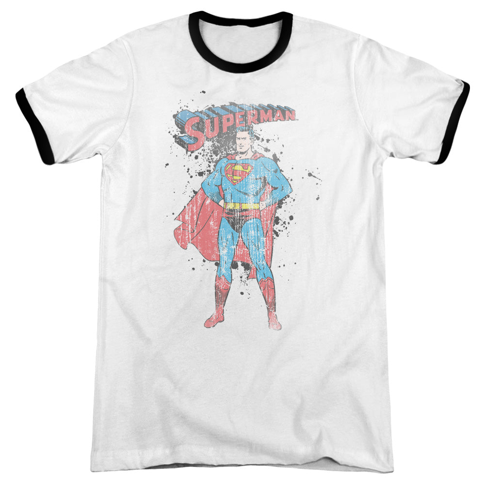 Superman Vintage Ink Splatter Heather Ringer Mens T Shirt White Black