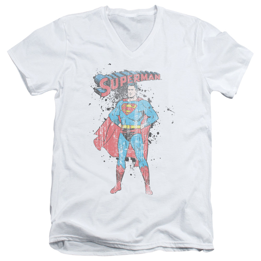 Superman Vintage Ink Splatter S S Adult V Neck White