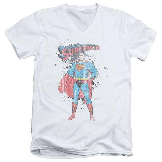 Superman Vintage Ink Splatter S S Adult V Neck White