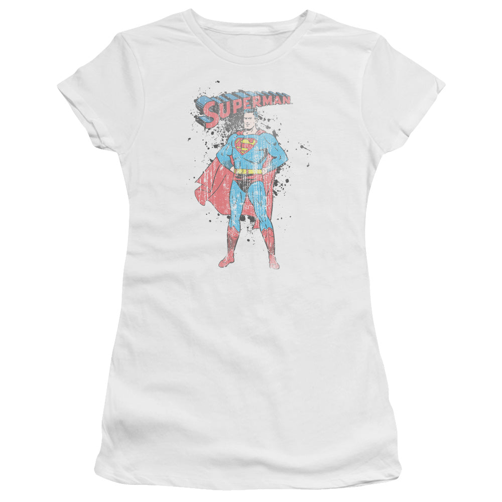 Superman Vintage Ink Splatter Junior Sheer Cap Sleeve Womens T Shirt White