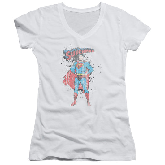 Superman Vintage Ink Splatter Junior Sheer Cap Sleeve V Neck Womens T Shirt White