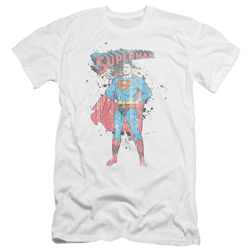 Superman Vintage Ink Splatter Premium Bella Canvas Slim Fit Mens T Shirt White