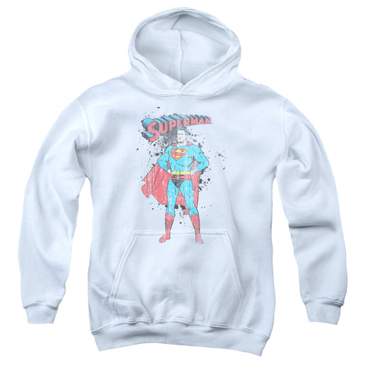 Superman Vintage Ink Splatter Kids Youth Hoodie White