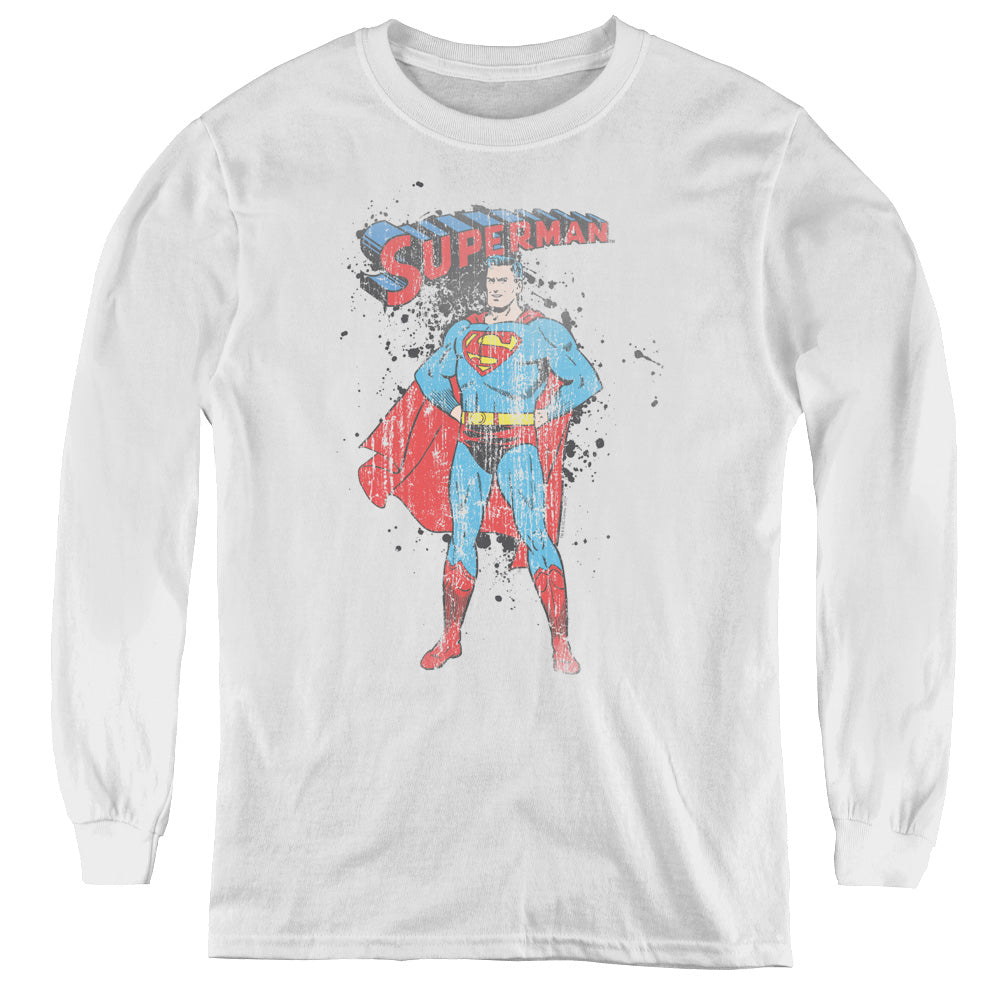 Superman Vintage Ink Splatter Long Sleeve Kids Youth T Shirt White