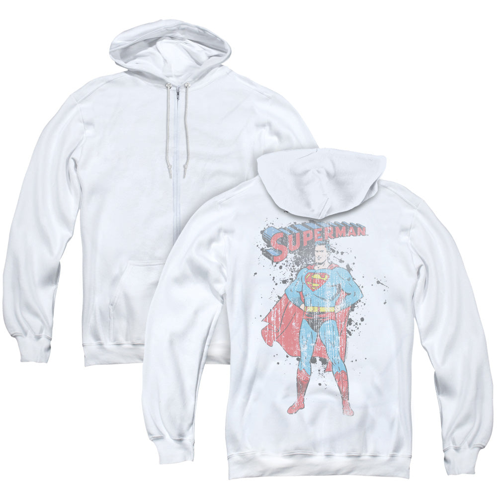 Superman Vintage Ink Splatter Back Print Zipper Mens Hoodie White