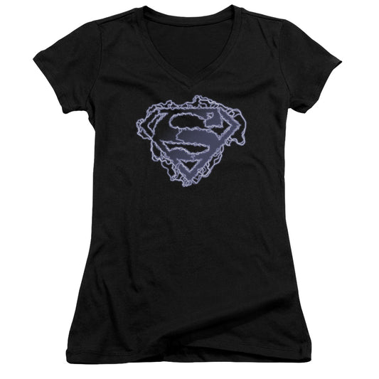 Superman Electric Supes Shield Junior Sheer Cap Sleeve V Neck Womens T Shirt Black