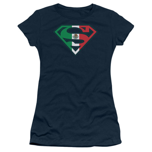 Superman Mexican Shield Junior Sheer Cap Sleeve Womens T Shirt Navy