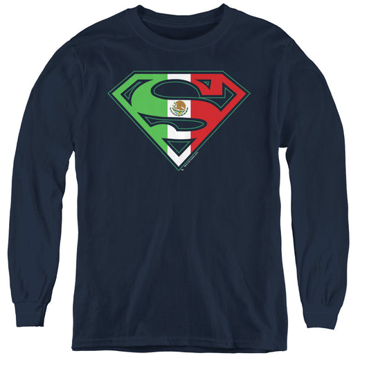 Superman Mexican Shield Long Sleeve Kids Youth T Shirt Navy