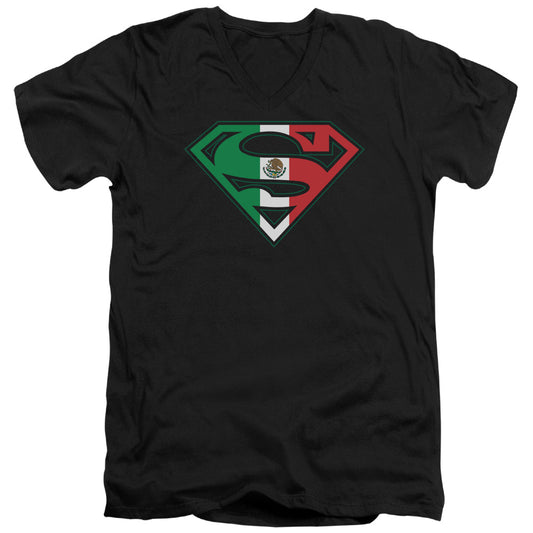 Superman Mexican Flag Shield Mens Slim Fit V Neck T Shirt Black