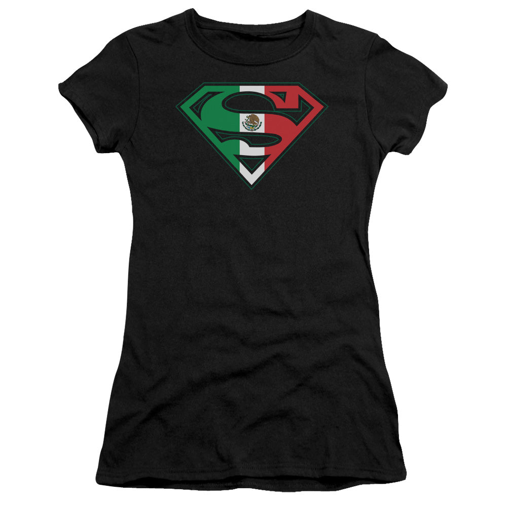 Superman Mexican Flag Shield Junior Sheer Cap Sleeve Womens T Shirt Black