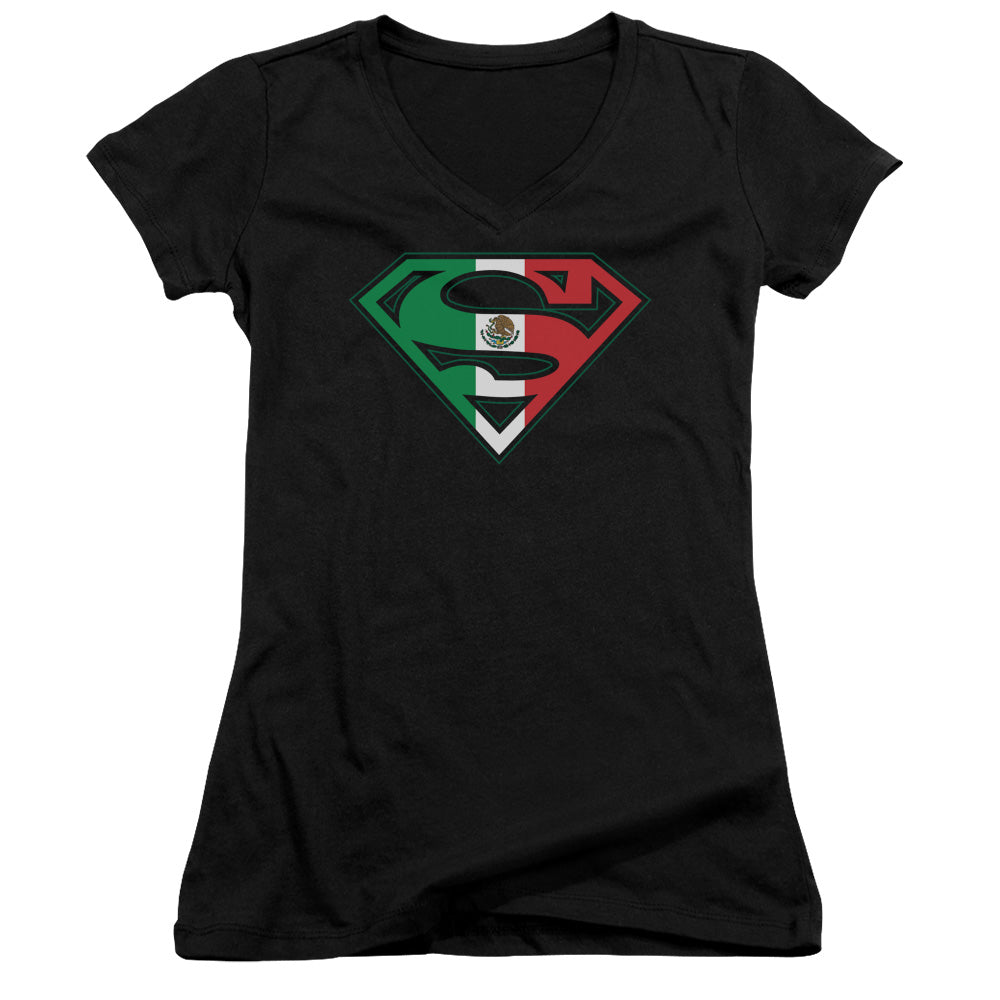 Superman Mexican Flag Shield Junior Sheer Cap Sleeve V Neck Womens T Shirt Black