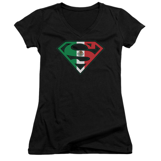 Superman Mexican Flag Shield Junior Sheer Cap Sleeve V Neck Womens T Shirt Black