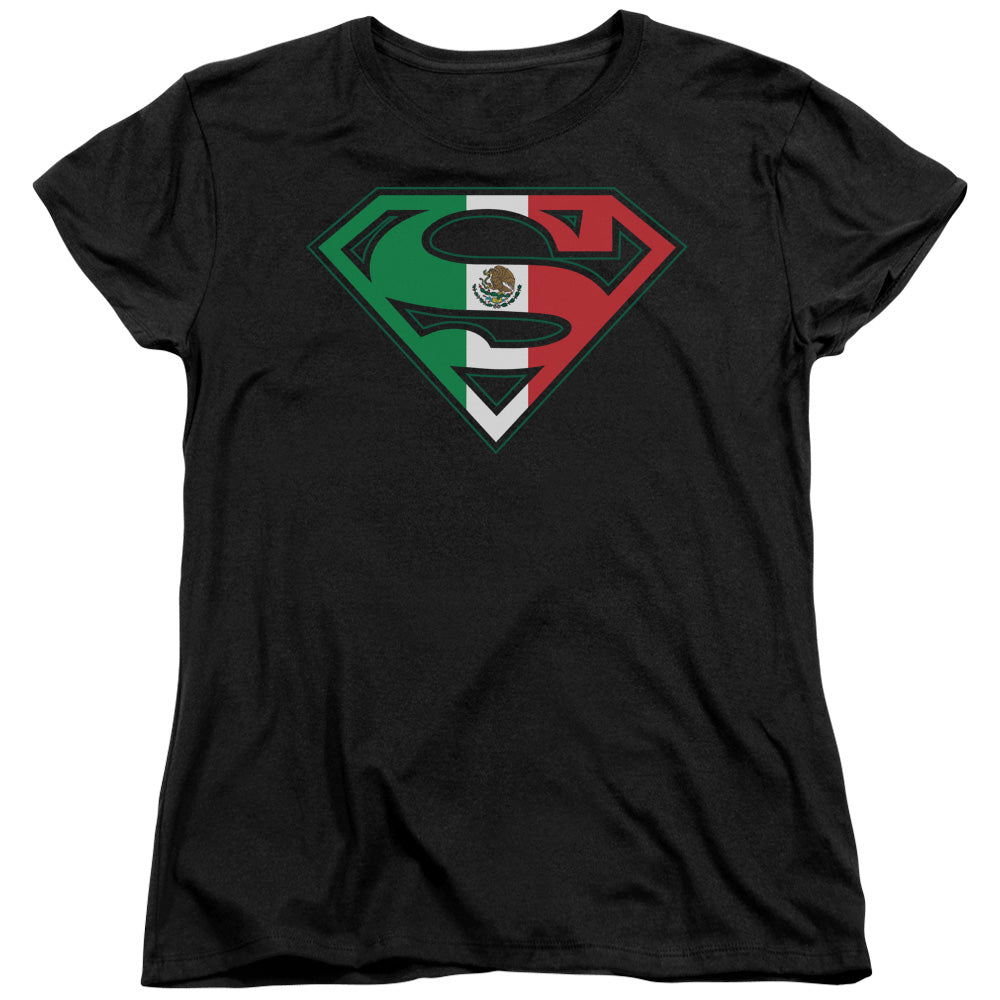 Superman Mexican Flag Shield Womens T Shirt Black