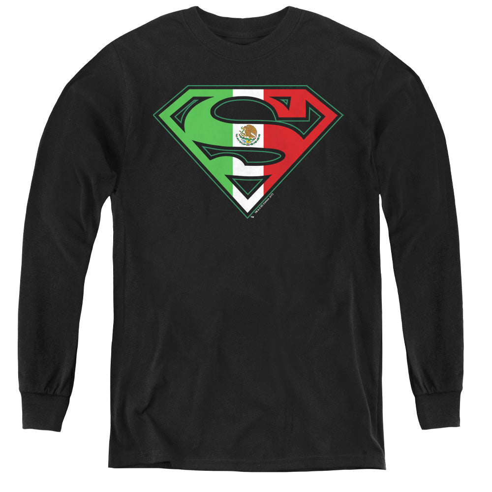 Superman Mexican Flag Shield Long Sleeve Kids Youth T Shirt Black