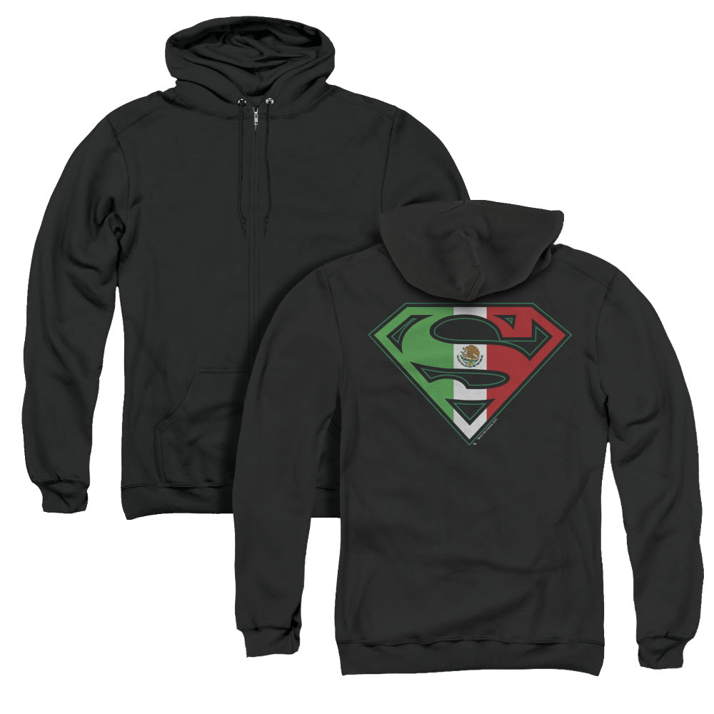 Superman Mexican Flag Shield Back Print Zipper Mens Hoodie Black