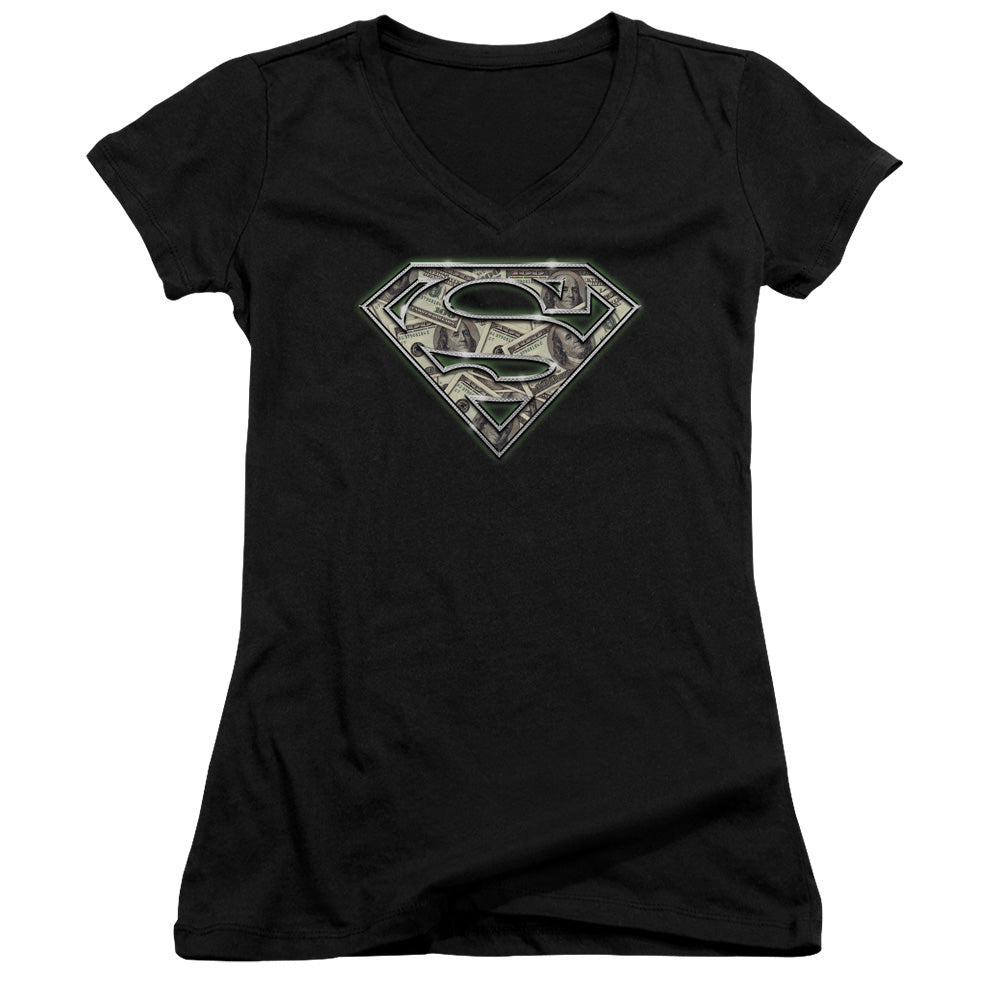 Superman All About The Benjamins Junior Sheer Cap Sleeve V Neck Womens T Shirt Black