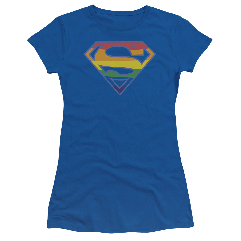 Superman Priatic Shield Junior Sheer Cap Sleeve Womens T Shirt Royal Blue