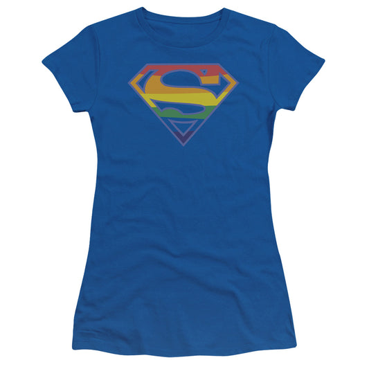 Superman Priatic Shield Junior Sheer Cap Sleeve Womens T Shirt Royal Blue