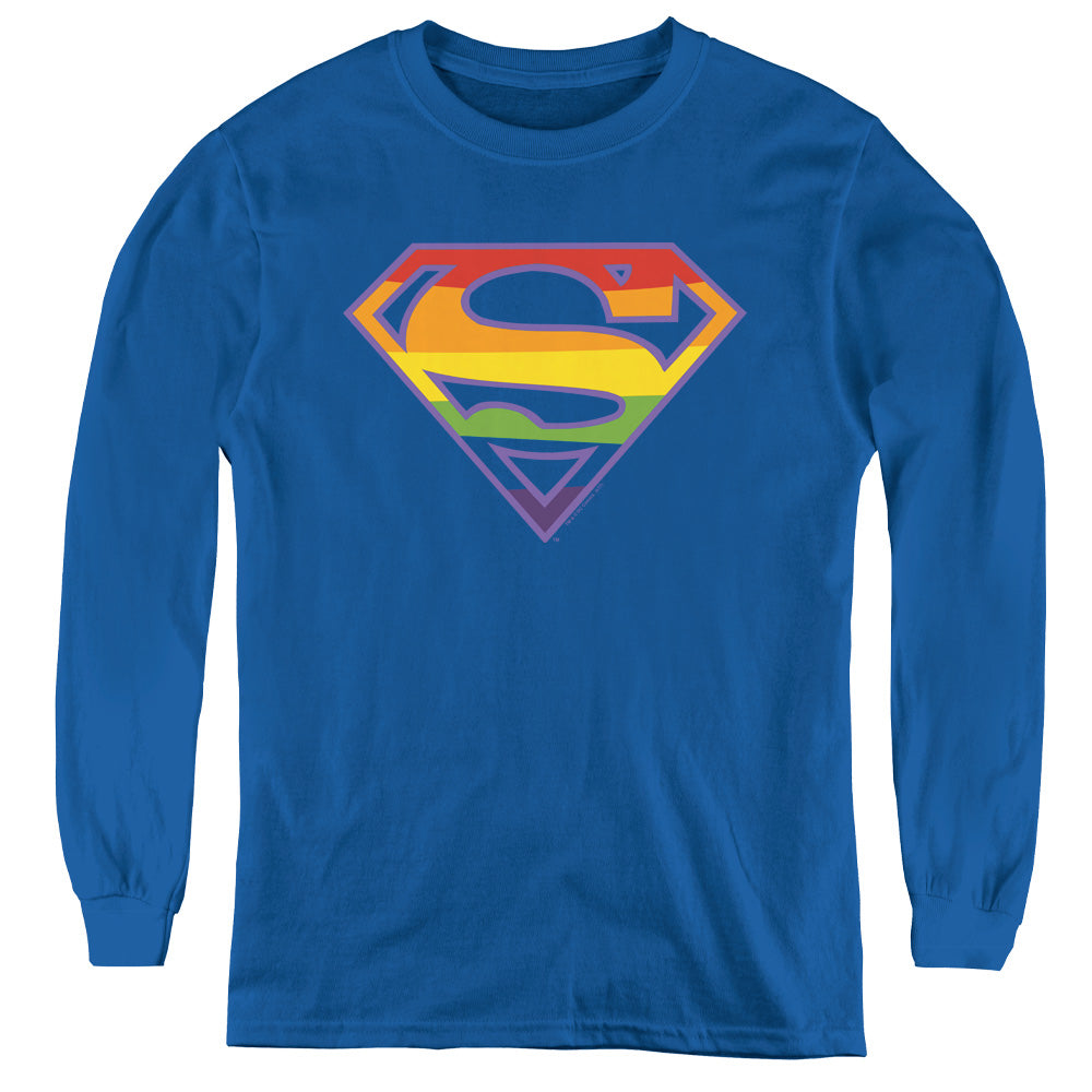 Superman Priatic Shield Long Sleeve Kids Youth T Shirt Royal Blue