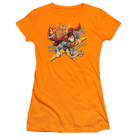 Superman Stars And Chains Junior Sheer Cap Sleeve Womens T Shirt Orange