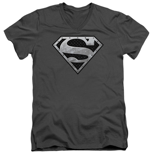 Superman Super Metallic Shield S S Adult V Neck Charcoal