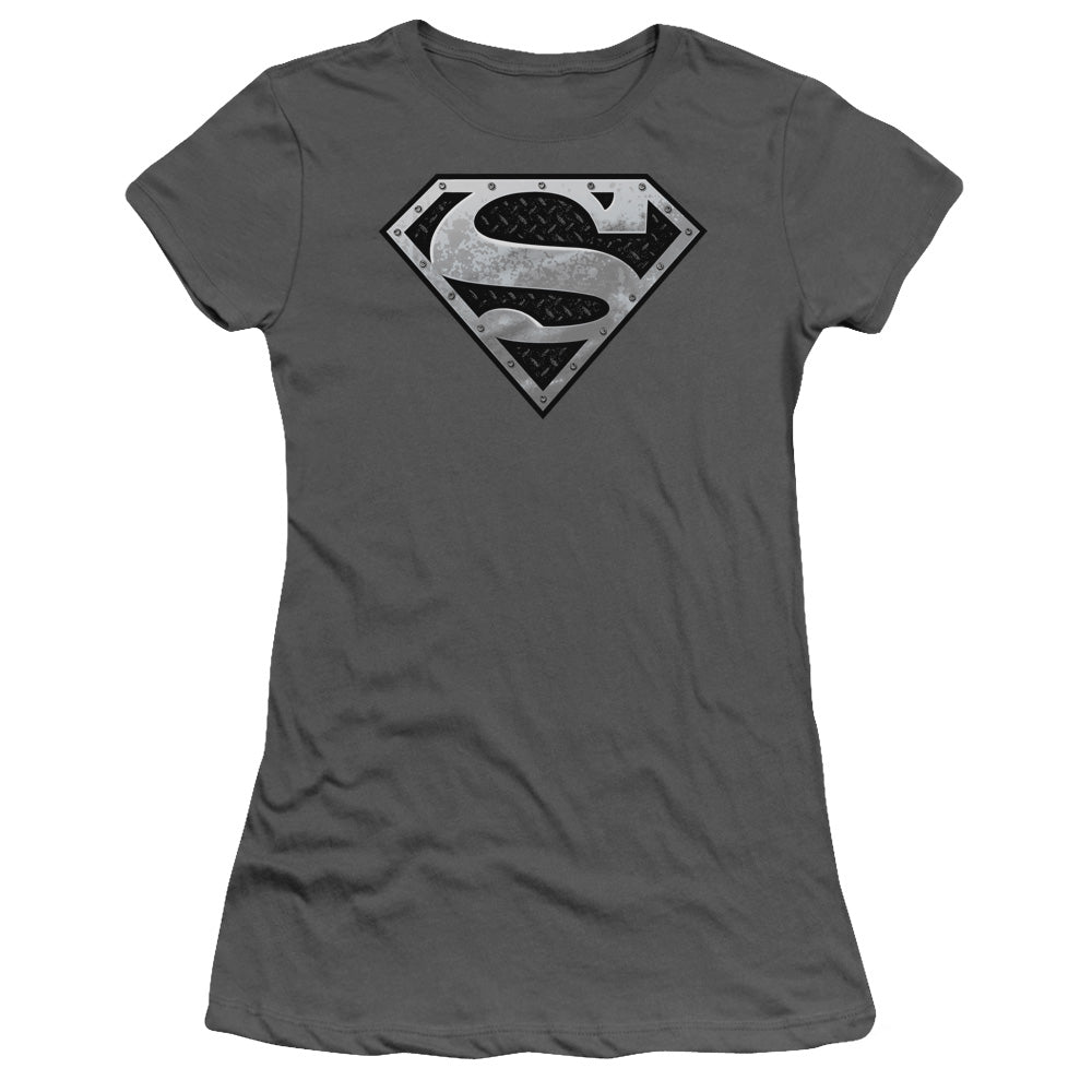 Superman Super Metallic Shield Junior Sheer Cap Sleeve Womens T Shirt Charcoal