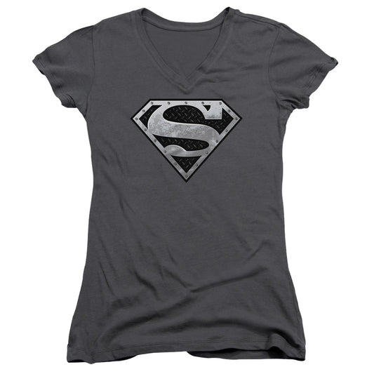 Superman Super Metallic Shield Junior Sheer Cap Sleeve V Neck Womens T Shirt Charcoal