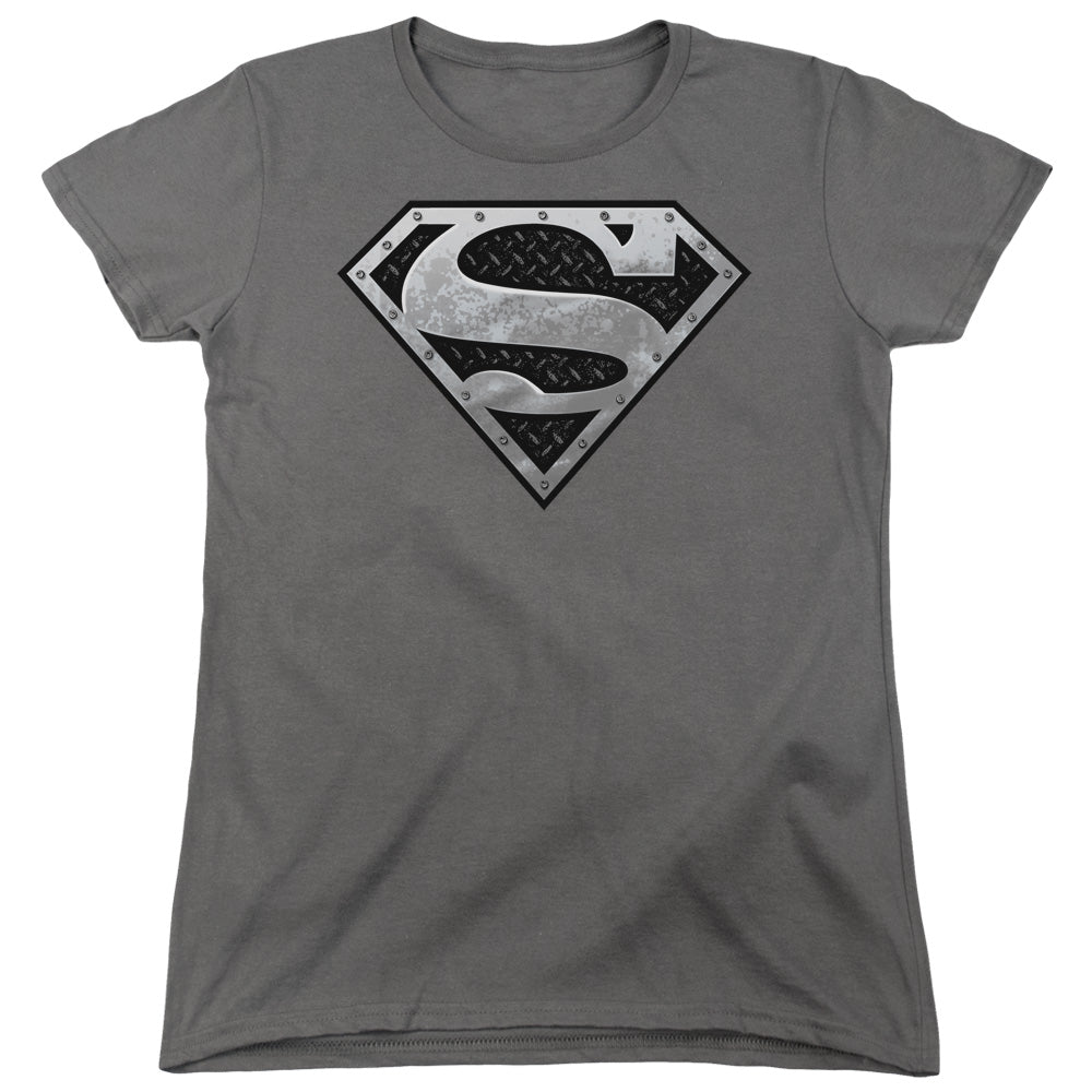 Superman Super Metallic Shield Womens T Shirt Charcoal