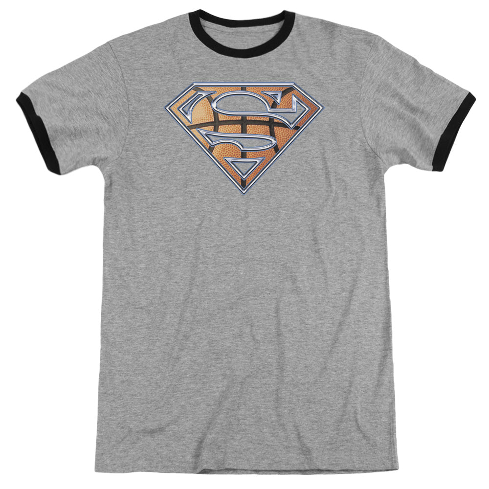 Superman Basketball Shield Heather Ringer Mens T Shirt Heather Black