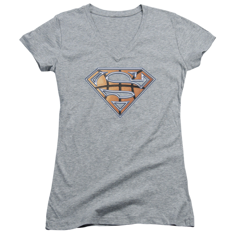 Superman Basketball Shield Junior Sheer Cap Sleeve V Neck Womens T Shirt Athletic Heather