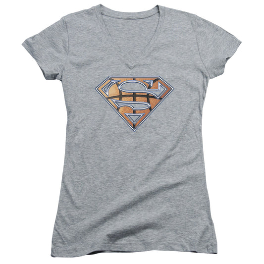 Superman Basketball Shield Junior Sheer Cap Sleeve V Neck Womens T Shirt Athletic Heather