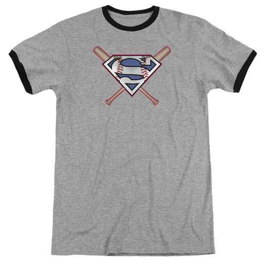 Superman Crossed Bats Heather Ringer Mens T Shirt Heather Black