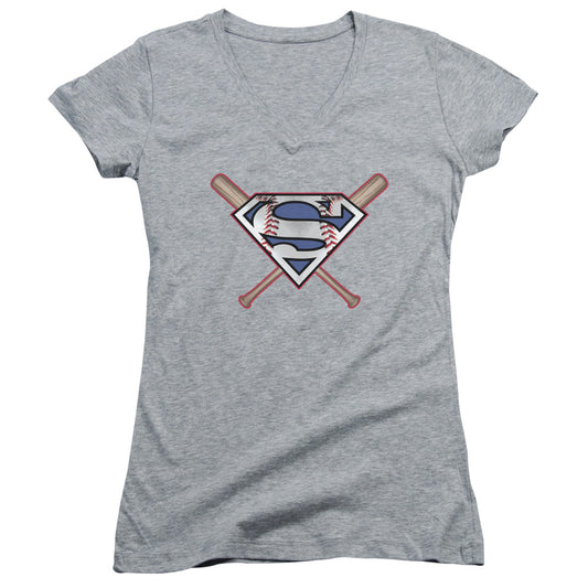 Superman Crossed Bats Junior Sheer Cap Sleeve V Neck Womens T Shirt Athletic Heather