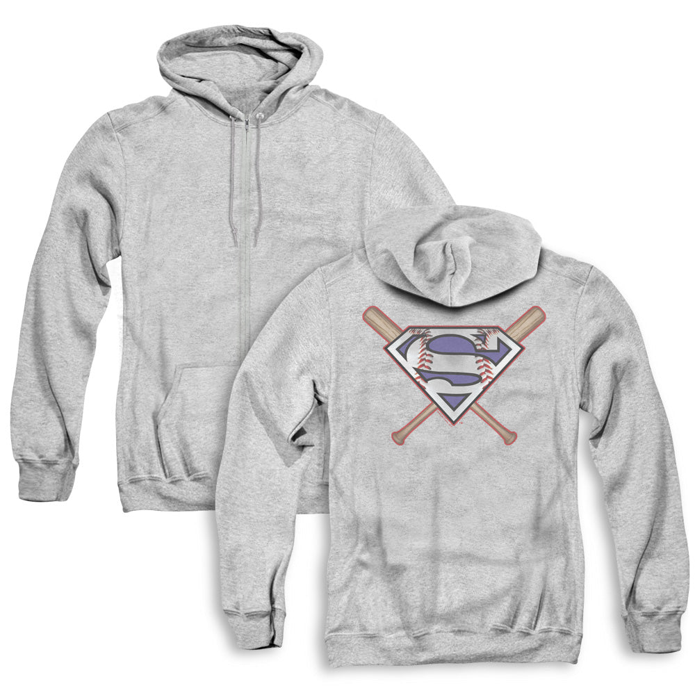 Superman Crossed Bats Back Print Zipper Mens Hoodie Athletic Heather