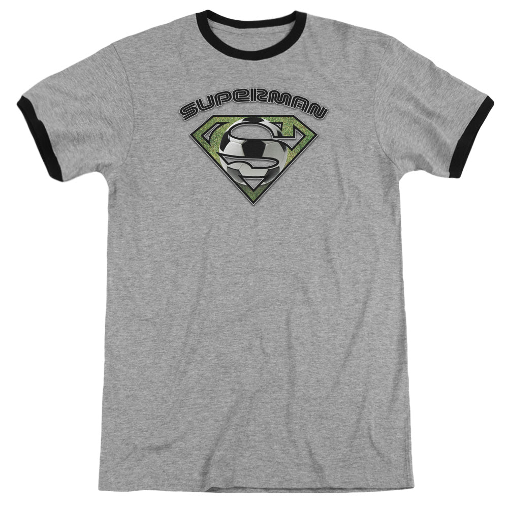 Superman Soccer Shield Heather Ringer Mens T Shirt Heather Black