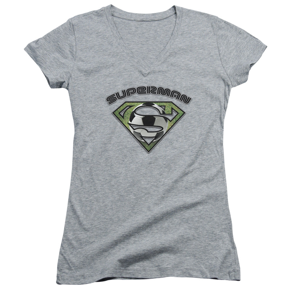 Superman Soccer Shield Junior Sheer Cap Sleeve V Neck Womens T Shirt Athletic Heather