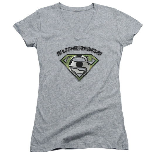 Superman Soccer Shield Junior Sheer Cap Sleeve V Neck Womens T Shirt Athletic Heather