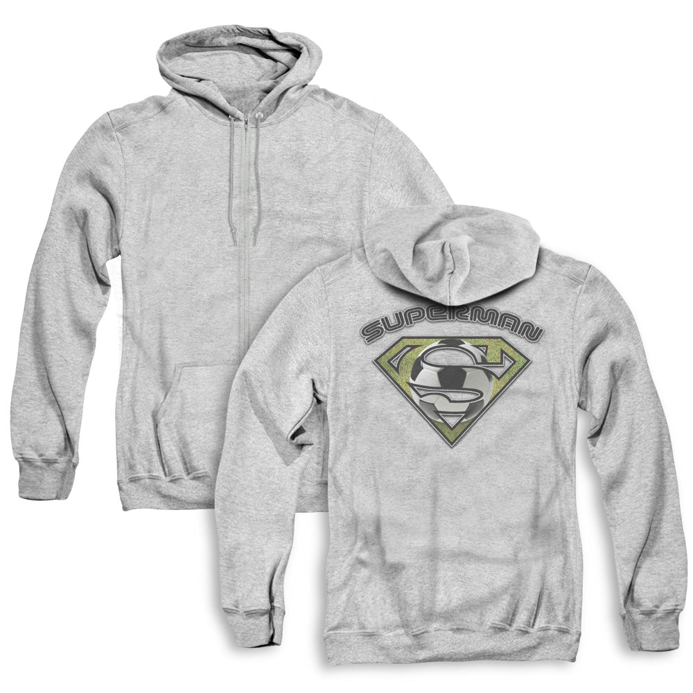 Superman Soccer Shield Back Print Zipper Mens Hoodie Athletic Heather