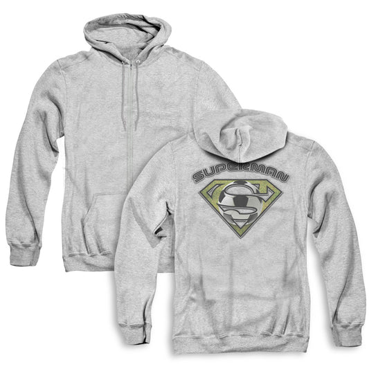 Superman Soccer Shield Back Print Zipper Mens Hoodie Athletic Heather