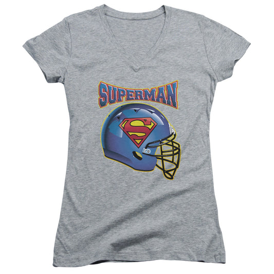 Superman Helmet Junior Sheer Cap Sleeve V Neck Womens T Shirt Athletic Heather