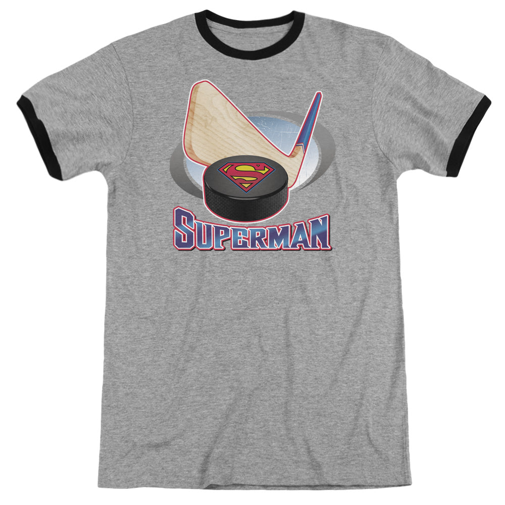 Superman Hockey Stick Heather Ringer Mens T Shirt Heather Black