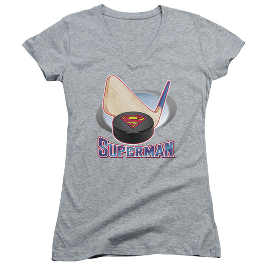 Superman Hockey Stick Junior Sheer Cap Sleeve V Neck Womens T Shirt Athletic Heather