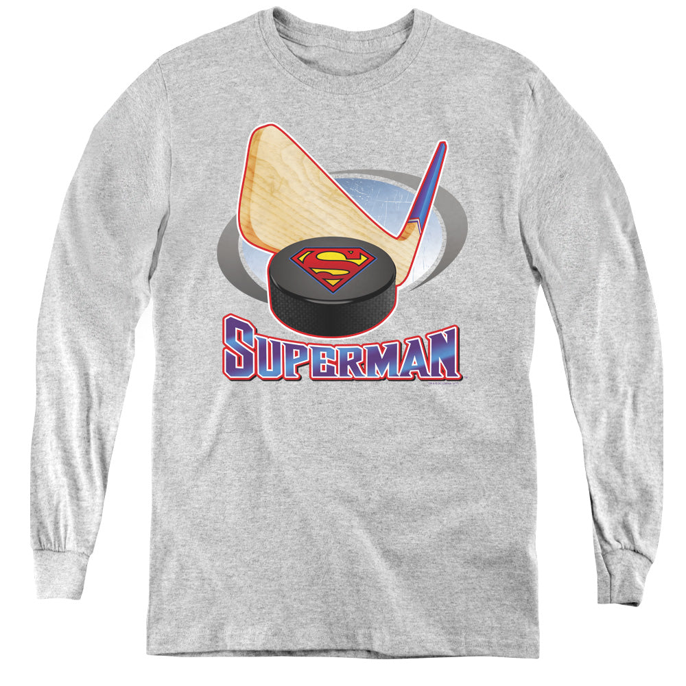 Superman Hockey Stick Long Sleeve Kids Youth T Shirt Athletic Heather