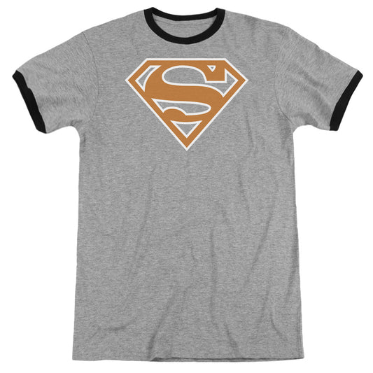 Superman Burnt Orange&white Shield Heather Ringer Mens T Shirt Heather Black