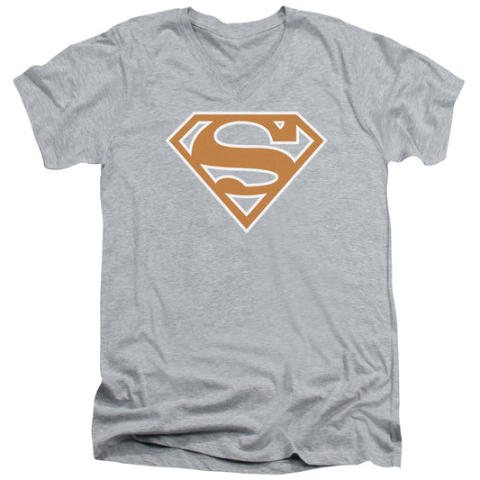 Superman Burnt Orange&white Shield S S Adult V Neck Athletic Heather