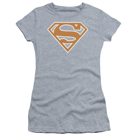 Superman Burnt Orange&white Shield Junior Sheer Cap Sleeve Womens T Shirt Athletic Heather