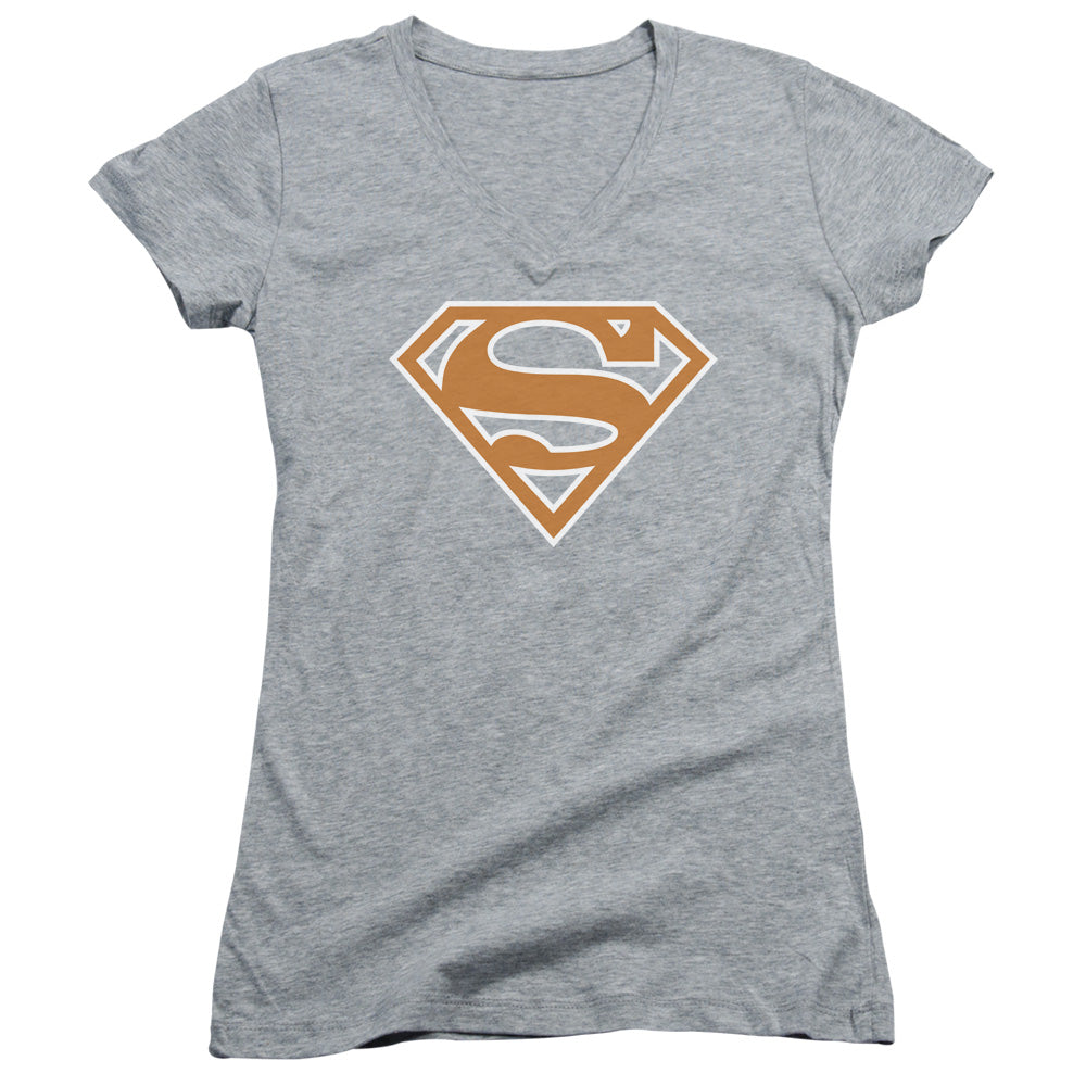 Superman Burnt Orange&white Shield Junior Sheer Cap Sleeve V Neck Womens T Shirt Athletic Heather