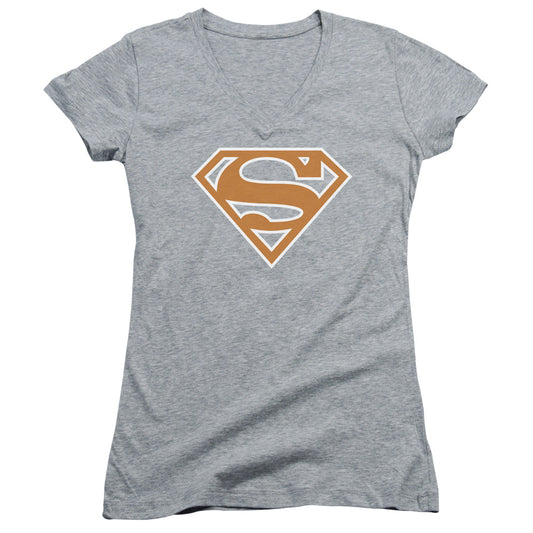 Superman Burnt Orange&white Shield Junior Sheer Cap Sleeve V Neck Womens T Shirt Athletic Heather