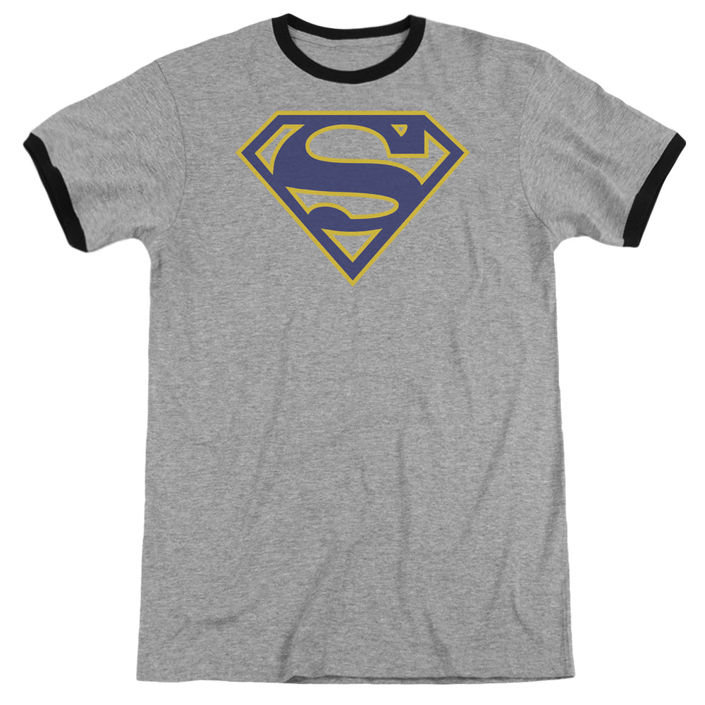 Superman Maize & Blue Shield Heather Ringer Mens T Shirt Heather Black